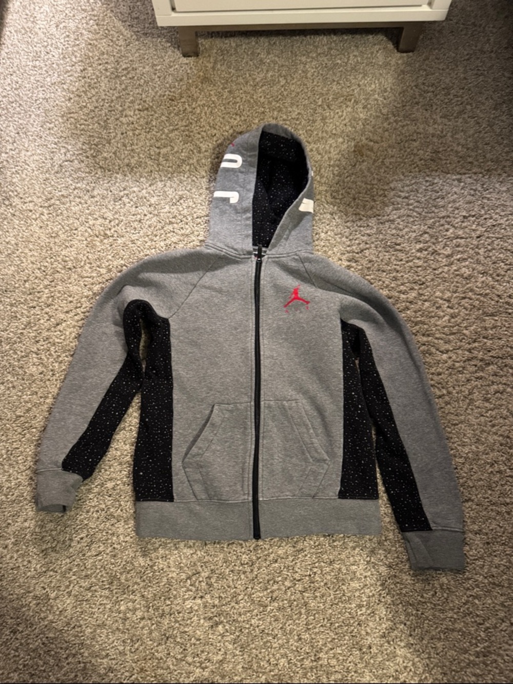 Jordan Gray Hoodie with Black Speckle Panels and Red Jumpman